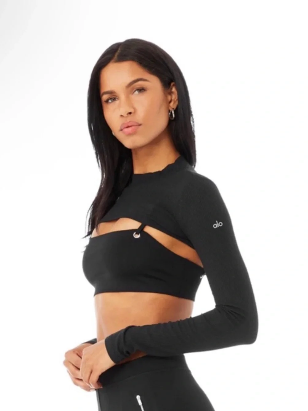 ALO Yoga Black Long-Sleeve Crop Top with Built-In Bandeau and Cutout